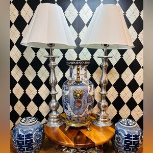 Luxury Tall Silver Table‎ Lamp Pair – Sculptural Bases with Scalloped Shades